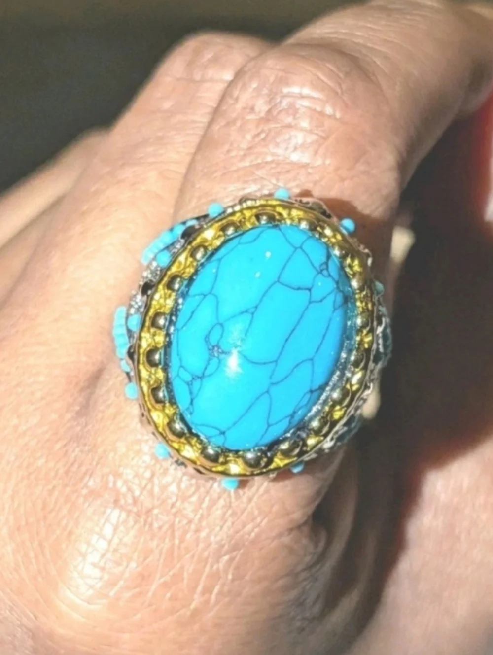 Retro Punk Style Ring Simulated Turquoise Two Tone Polished Statement Band Ring